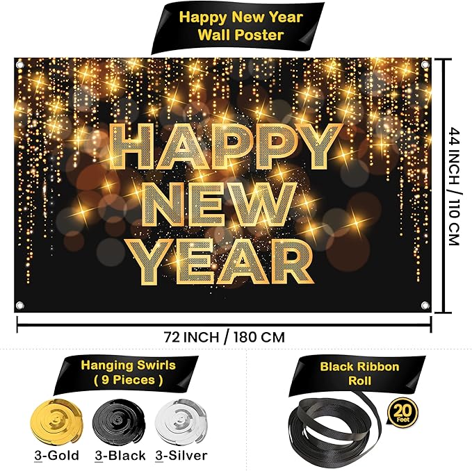 KatchOn, Black and Gold New Years Decorations 2026 - Huge Pack of 50 | New Year Banner and New Year Balloons for New Years Eve Party Supplies 2026