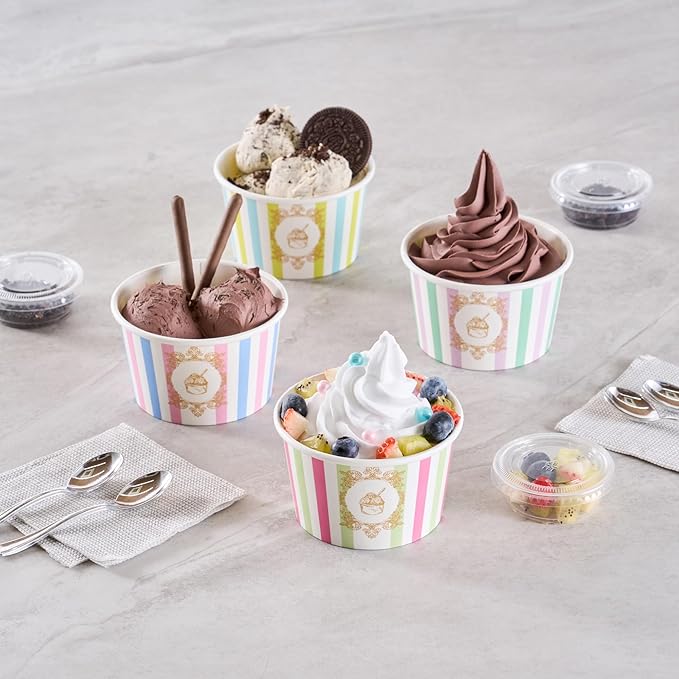 Coppetta 8 Ounce Dessert Cups, 200 Greaseproof Ice Cream Cups - Lids Sold Separately, For Hot And Cold Foods, Green And Pink Stripe Paper Yogurt Bowls, Disposable, Sturdy - Restaurantware