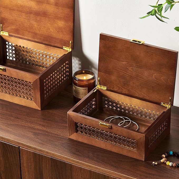 Decorative Rattan Storage Boxes Solid Wood Woven Baskets Bins with Lid Keepsake Memory Jewelry Box Natural Boho Shelf Wicker Closet Desk Organizer Container (Walnut Color, Small Size)