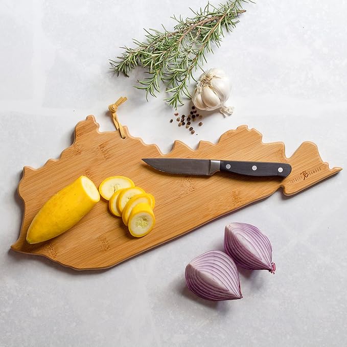 Totally Bamboo Kentucky State Shaped Cutting Board and Charcuterie Serving Platter with Artwork by Fish Kiss, Includes Hang Tie for Wall Display