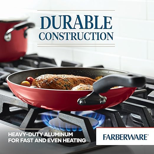 Farberware Cookstart DiamondMax Nonstick Cookware/Pots and Pans Set, Dishwasher Safe, Includes Baking Pan and Cooking Tools, 15 Piece - Red