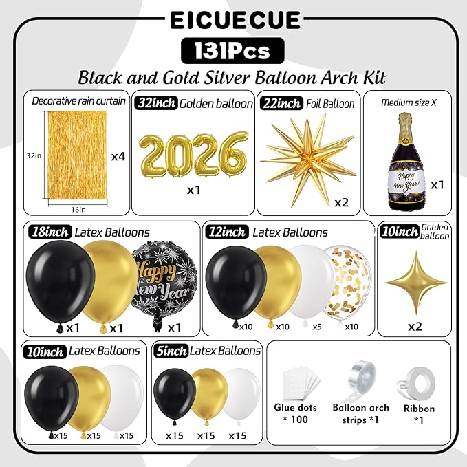 Black and Gold White Balloons Garland Arch Kit - Different Size Balloons Gold Fringe Curtain Backdrop for Graduation Birthday Anniversary New Years Theme Party Decorations
