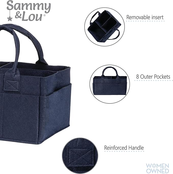 Sammy & Lou Diaper Caddy Organizer - Collapsible Tote Bag with Handles - Organizer for Diapers, Wipes & Baby Changing Supplies - Felt Storage Organizing Bin for Car, Desk, Nursery (Navy Blue)