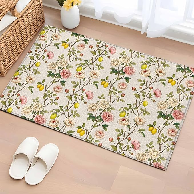 Area Rug 2x3ft, Farmhouse Blossom Flower Leaf Lemon Washable Rugs for Living Room Bedroom, Summer Retro Floral Fruit Soft Non-Slip Area Rugs Rectangle Floor Carpet for Dining Room
