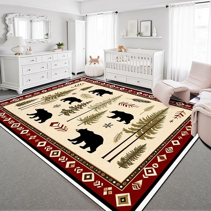 8x10 Area Rugs for Bedroom Boho Washable Man Cave Rug for Living Room Rustic Bear Pine Tree Wilderness Autumn Elements Soft Rubber Backed Non-Slip Large Carpets for Boys