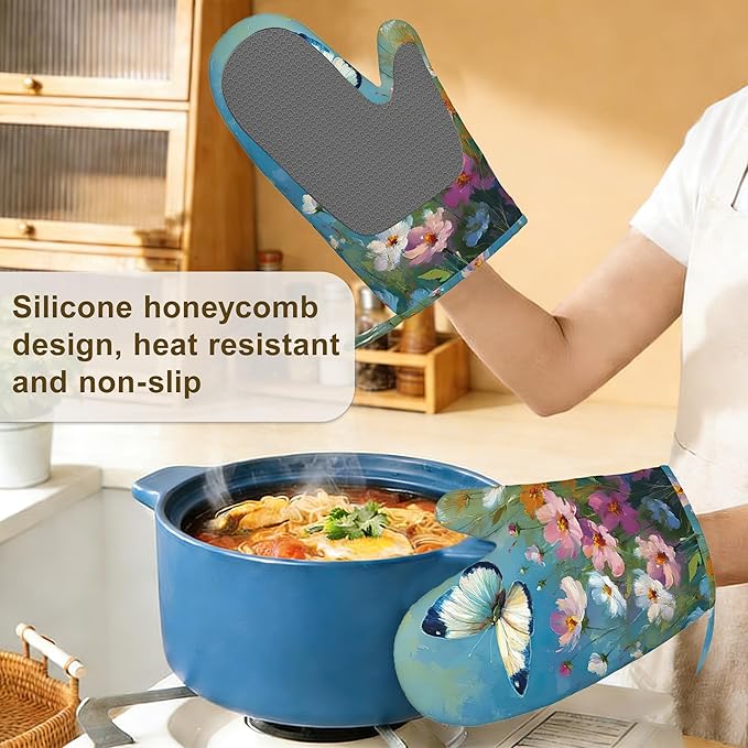 Oil Painting Wild Flowers Butterfly Oven Mitts and Pot Holders Set of 4, Heat Resistant Non Slip Kitchen Gloves Hot Pads,Chef Cooking Baking Gifts for Women Bakers,Kitchen Cooking Lover Cooks