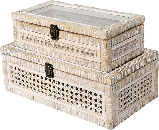 DECOR4SEASON Rattan and Cane Stacking Boxes with Glass Top Lid - Set of 2 11.8" and 14.1", for Boho and Rustic Farmhouse Decor, White Wash