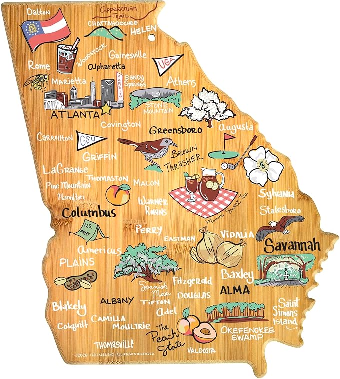 Totally Bamboo Georgia State Shaped Cutting Board and Charcuterie Serving Platter with Artwork by Fish Kiss, Includes Hang Tie for Wall Display