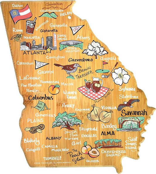 Totally Bamboo Georgia State Shaped Cutting Board and Charcuterie Serving Platter with Artwork by Fish Kiss, Includes Hang Tie for Wall Display