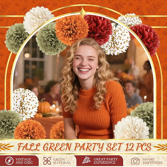 NICROLANDEE Fall Party Decorations, 12 PCS Pumpkin Orange Burgundy Sage Green Ivory Tissue Pom Poms Thanksgiving Decor for Home, Wedding, Birthday, Autumn Harvest Party Supplies