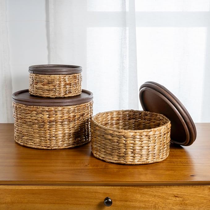 happimess BSK1004A-3SET Gouda Southwestern Hand-Woven Hyacinth Circular Nesting Wicker Storage Baskets with Wood Lids, Seagrass Container for Decoration in Bathroom, Bedroom, Closet,Natural (Set of 3)