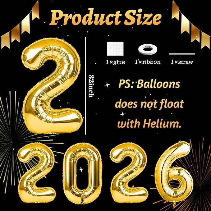 Giant Gold 2026 Number Balloons Large 32inch 2026 Foil Balloons Graduation for Happy New Year Party Supplies 2026 and Graduation Decorations Birthday Anniversary Party DecorDecor