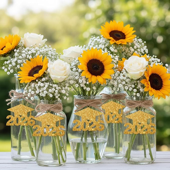 2026 Graduation Party Decorations - 36Pcs Graduation Cutouts Tags Gold Glitter 2026 Numbers for Graduation Table Centerpieces Class of 2026 Cutouts for Graduation Party Supplies Favors