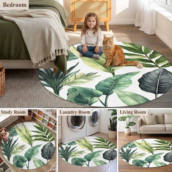 Washable Round Area Rug Summer Green Tropical Palm Leaves Circle Rugs Floor Carpet for Living Room Bedroom, Watercolor Plant Soft Non Slip Round Rug 5ft