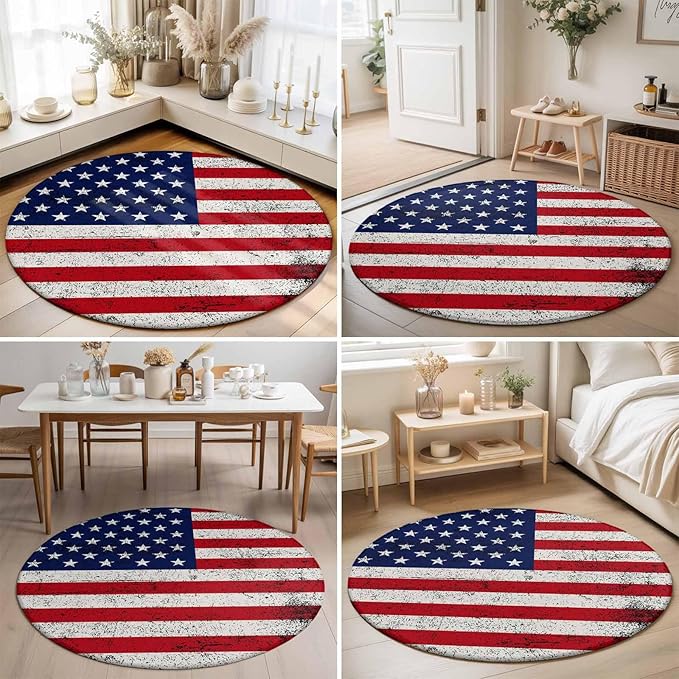Washable Round Area Rug Independence Day Stars Stripes Retro Circle Rugs Floor Carpet for Living Room Bedroom, Patriotic Flag Red Blue Soft Non Slip Round Rug 5ft