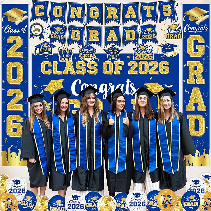 Graduation Decorations Class of 2026 - Blue and Gold Party Supplies with Congrats Grad Backdrop & Banner, Hanging Swirls, Porch Sign, Balloons for Graduation Decorations bjb-2-lanjin