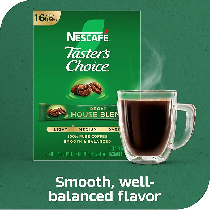 NESCAFÉ Taster's Choice Instant Coffee Packets, Light Medium Roast Coffee, Decaf House Blend, 8 Boxes (128 Packets)