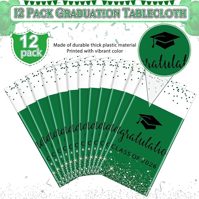 12 Pack Class of 2026 Graduation Tablecloths,Foil Dot Plastic Disposable Rectangle Table Covers for 2026 High School University College Graduation Party Decorations,108*54 Inch (Green and Black)