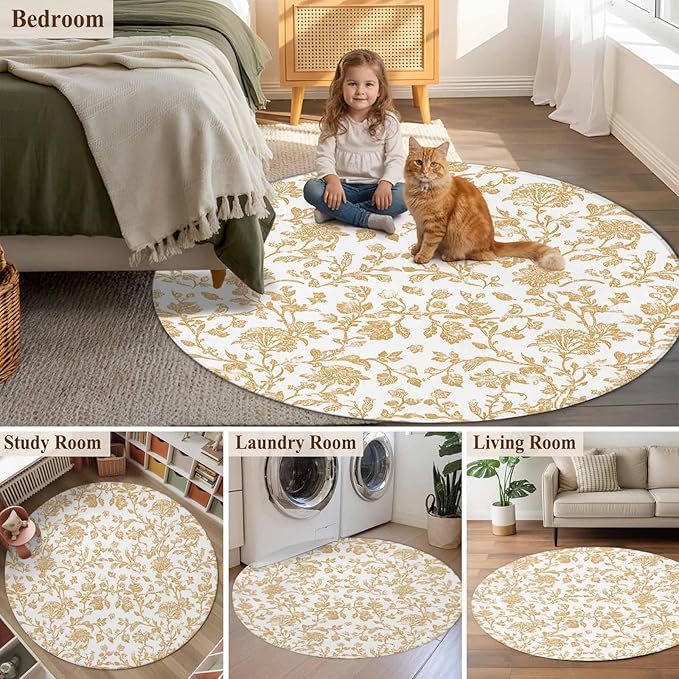 Washable Round Area Rug Vintage Farmhouse Flowers Pattern Circle Rugs Floor Carpet for Living Room Bedroom, Yellow Floral Art Soft Non Slip Round Rug 4ft