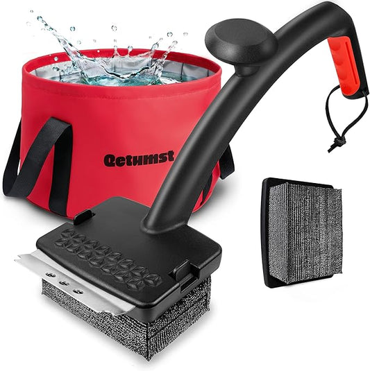Qetumst Grill Brush Bristle Free with Collapsible Bucket, Steam BBQ Cleaning Kit & 3 in 1 Scraper, Extra Replaceable Head, Safe Outdoor Accessories for Cast Iron, Porcelain Grates
