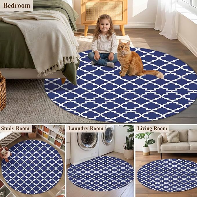Washable Round Area Rug Navy Blue Moroccan Plaid Circle Rugs Floor Carpet for Living Room Bedroom, White Line Buffalo Lattice Soft Non Slip Round Rug 4ft