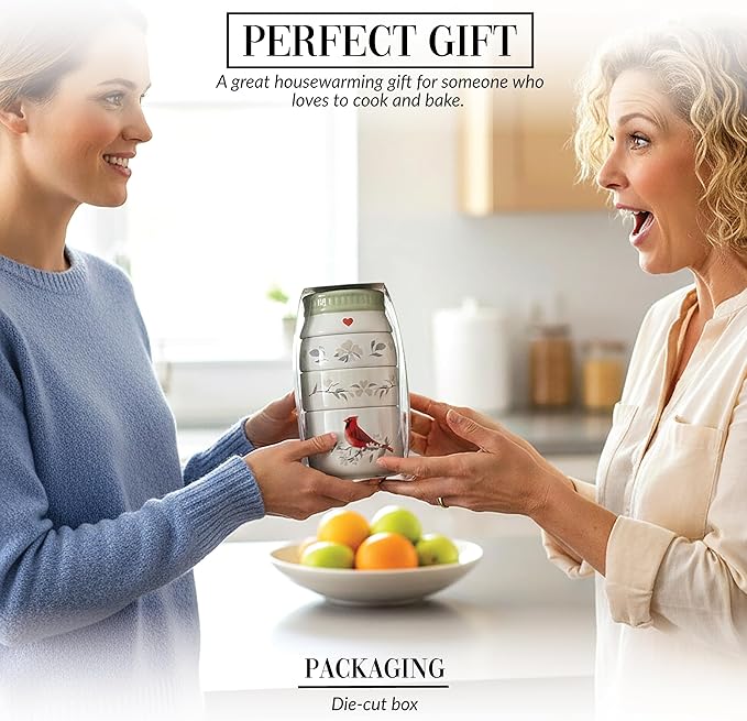Pavilion Gift Company - Cardinal - 6.75" Stacked Measuring Cups Baking Cooking Bird Floral Kitchenware