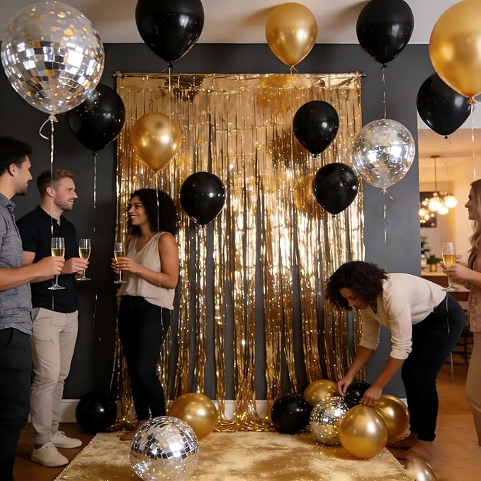 Gold Party Backdrop Kit – 2 Pack Gold Foil “Shower” Curtains with Balloons & Garland Accessories for Birthdays, Festivals, New Year’s Party