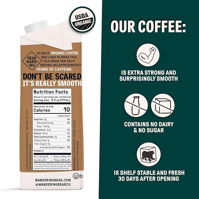 Wandering Bear Extra Strong Organic Cold Brew Coffee, Straight Black, 32 fl oz, 1 pack - Smooth, Organic, Unsweetened, Shelf-Stable, and Ready to Drink & Vegan Cold Brew.