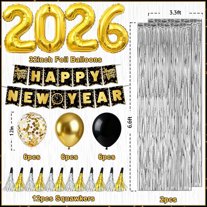 New Years Decorations 2026, New Years Eve Party Supplies 2026 with Happy New Year Banner Silver Fringe Curtains 32inch 2026 Balloons Hats Glasses Noise Makers for NYE Decorations 2026