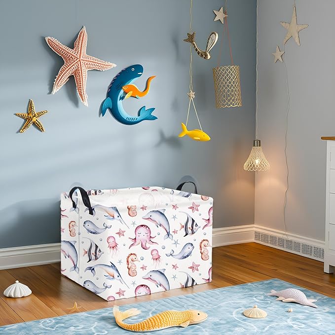 HIYAGON Rectangular Ocean Basket for Kids Baby Basket for Boys and Girls Cute Toy Storage Organizer Bin Box Sea Fishes Room Decor(Sea Fishes)