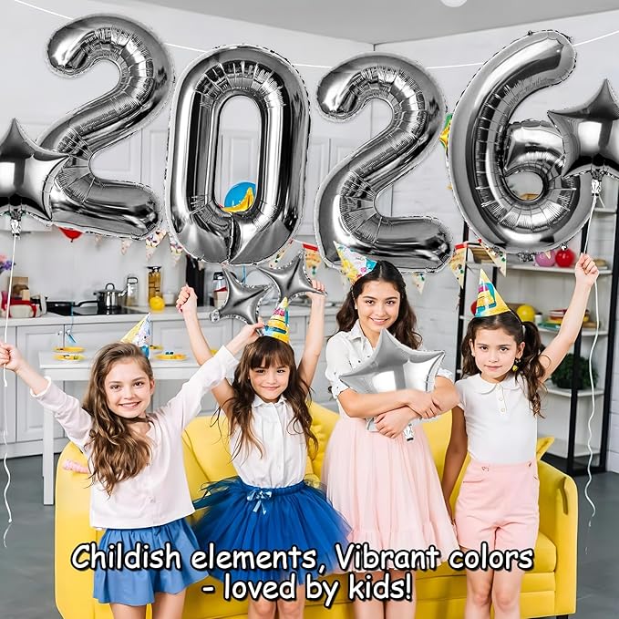 Upgraded, 42in Large 2026 Balloons Numbers, with 4pcs Star Balloon and Accessories, 3D Premium Aluminum Foil, Ideal Graduation Balloons for Graduation Decorations 2026, Grad Party Decorations, Silver