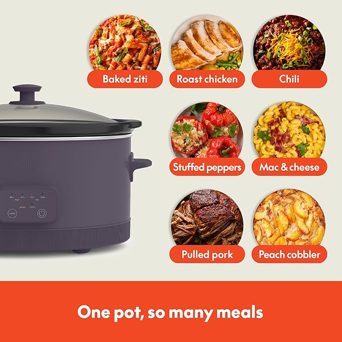 bella 6.0 Qt Programmable Slow Cooker, Ceramic Nonstick Coating, Adjustable Temperature & Cooking Times, Dishwasher Safe Stoneware Pot & Tempered Glass Lid, Tangle Free Cord Wrap, Plum