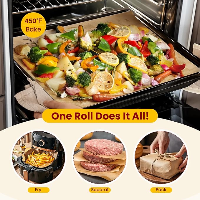 Unbleached 15in x 210ft Parchment Paper Roll for Baking- 262 Sq.Ft with Built-in Metal Cutter, Non-Stick & 450°F Safe for Baking,Cooking, Air Fryer, Grilling, Meal Prep