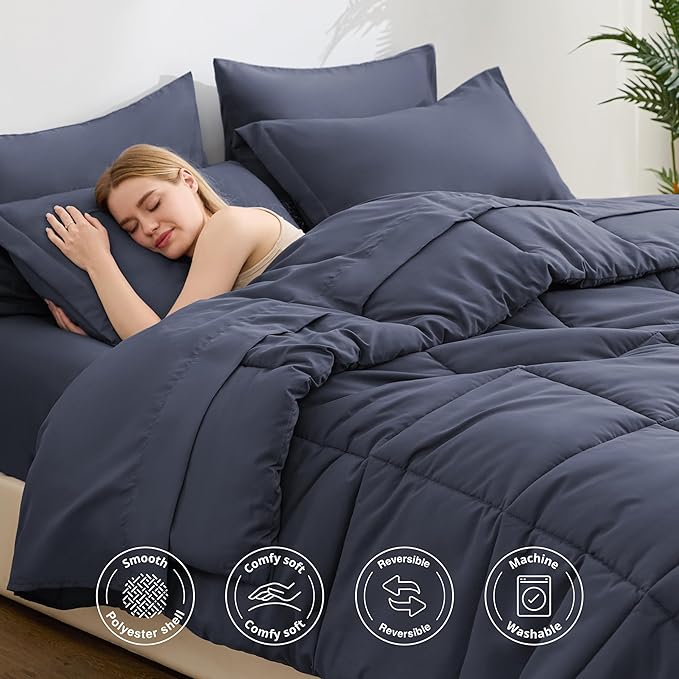 Love's cabin Queen Comforter Set Indigo Blue, 7 Pieces Queen Bed in a Bag, All Season Bedding Sets with 1 Comforter, 1 Flat Sheet, 1 Fitted Sheet, 2 Pillowcase and 2 Pillow Sham | Soft, Breathable, Lightweight, Comfortable