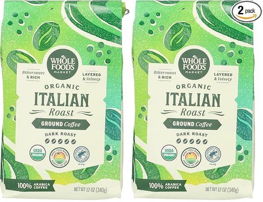 WHOLE FOODS MARKET Organic Ground Italian Roast Coffee, 12 OZ (Pack of 2)
