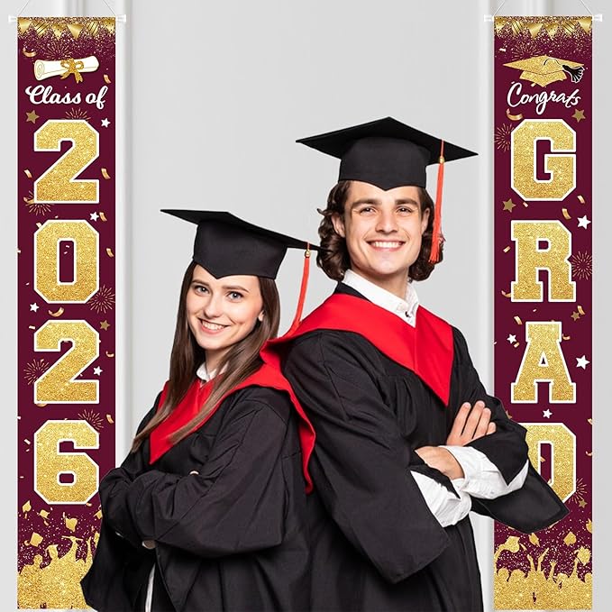 2026 Graduation Party Decorations - Maroon Gold Class of 2026 Congrats Grad Porch Sign Banner Hanging Flag Graduation Party Supplies for School College Classroom Decor