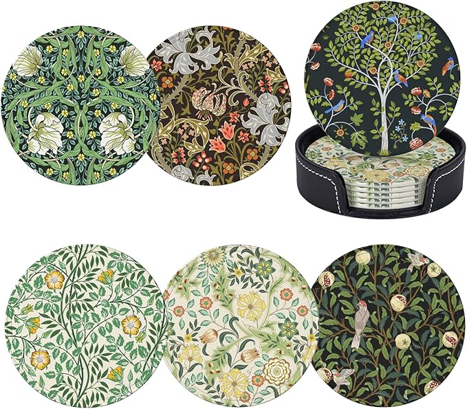 Vintage Floral Art Leather Drinks Coasters with Holder, Set of 6, Suitable for Various Cups