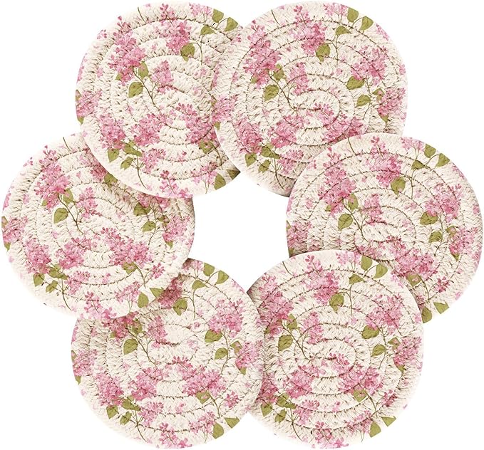 Bar Coasters for Drink Pink Flower Green Leaves Coaster Set with Metal Holder Cotton Woven Floral Set of 6 Coaster for Coffee Table, Bistro Tabletop, Home Decor, Kitchen,Housewarming