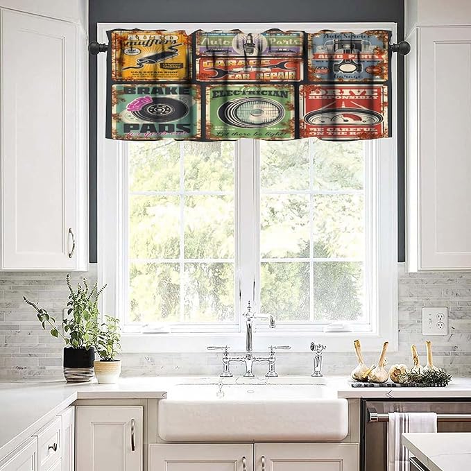 Vintage Style Valance Curtain Garage Or Car Repair Service Rusty Metal Flag. Vehicle Mechanics Workshop, Short Curtains Valances for Kitchen Living Room Decor with Rod Pocket, 1 Panel 54X18 Inches