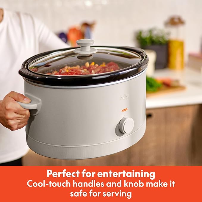 bella 6.0 Qt Manual Slow Cooker, Ceramic Nonstick Coating, 3 Temperature Settings, Dishwasher Safe Stoneware Pot and Tempered Glass Lid, Cool Touch Handles & Tangle Free Cord Wrap, Oatmilk