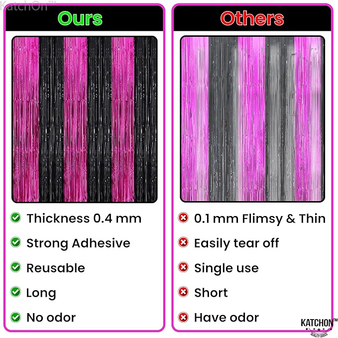 KatchOn, Large Pink and Black Foil Fringe Curtain - Pack of 2, Streamer Backdrop for Valentines Day Decorations, Black and Pink Backdrop for Galentines Day Decorations, Bachelorette, Birthday Decor