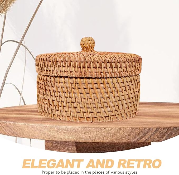 MAGICLULU Vintage Rattan Storage Box with Lid Small Round Woven Basket for Desktop Sundries Organizer Home Kitchen Storage
