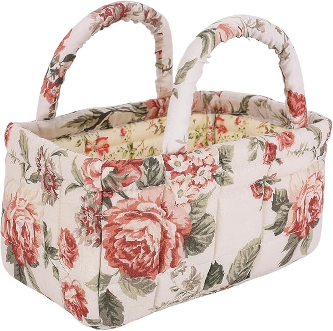 Quilted Fabric Storage Basket Floral Baby Diaper Caddy Quilted Basket for Nursery Bedroom Car Storage