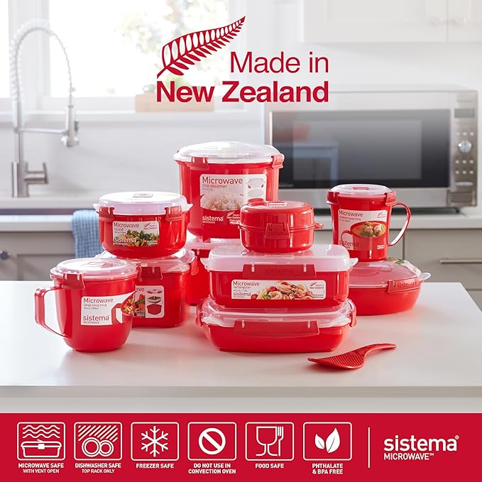 Sistema Microwave Containers | Soup Mug, Porridge Bowl & Noodle Bowl | Food Containers With Steam Release Vents | BPA-Free | Red | 3 Count
