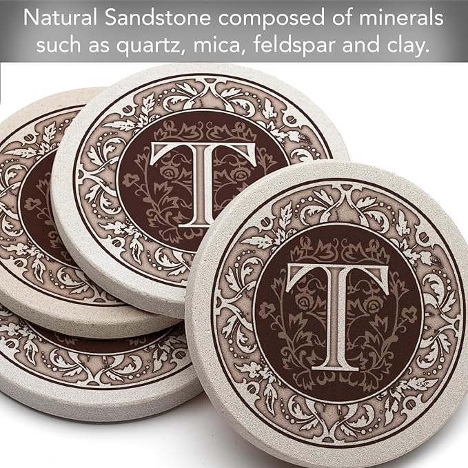 Thirstystone Monogram Letter T Natural Sandstone Coaster 4 Pack Manufactured in the USA Decorative Absorbent Easily Wipes Clean