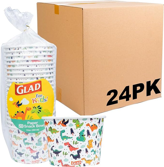 Glad for Kids Dinosaurs Paper Snack Bowls, Colorful Heavy Duty Microwave Safe Disposable Bowls for Soup, Ice Cream, and Snacks, Lids Not Included, Multicolor, Party Pack, 12 Oz, 20 Count - 24 Pack