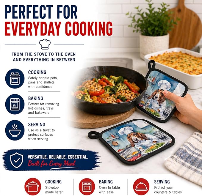 Caroline's Treasures Basset Hound The Chef Pair of Pot Holders Kitchen Heat Resistant Pot Holders Sets Oven Hot Pads for Cooking Baking BBQ, 7 1/2 x 7 1/2