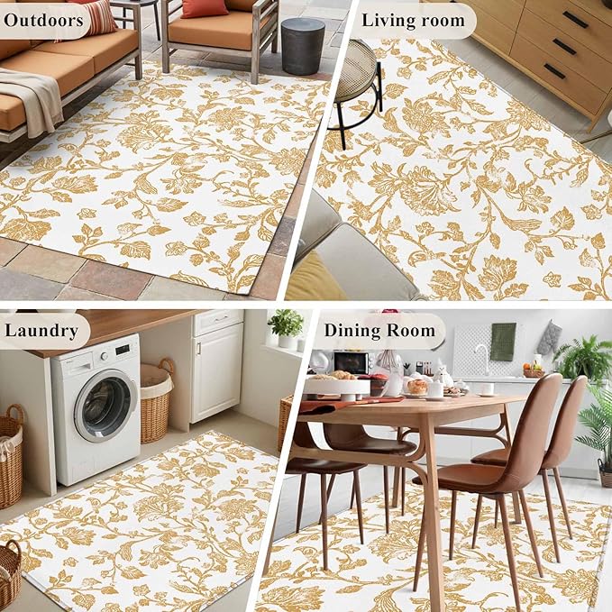 Area Rug 3x5ft, Vintage Farmhouse Flowers Pattern Washable Rugs for Living Room Bedroom, Yellow Floral Art Soft Non-Slip Area Rugs Rectangle Floor Carpet for Dining Room