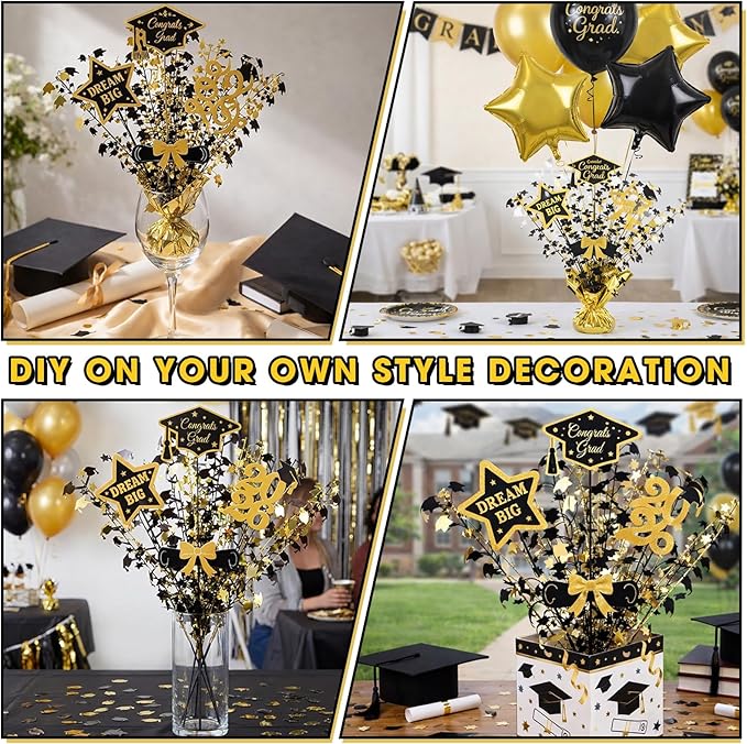 Unittype 6 Pack 2026 Graduation Table Centerpiece Black and Gold Party Decorations Congrats Grad Big Dream Centerpieces for Tables Metallic Foil Spray Centerpiece Glitter Cap Star Table Top Decor