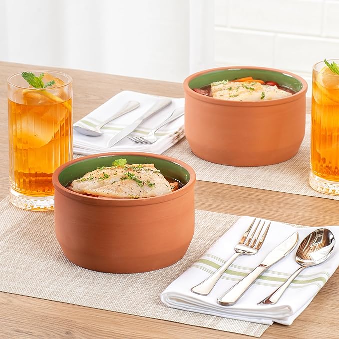 Restaurantware-Terra Tek 34 Ounce Terracotta Cazuelas, 2 Green Glazed Clay Pots For Cooking - Oven-Ready, Microwavable, Terracotta Serving Pots, Dishwashable, For Cooking And Serving